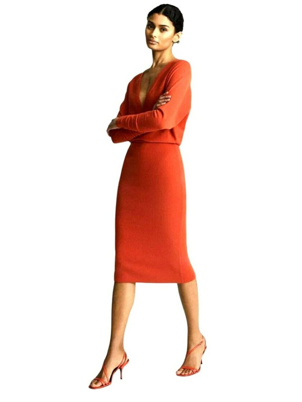 Reiss Red Wool Blend Dress Large V-Neck Ruched Sleeves Midi Length New